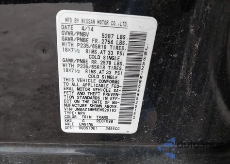 2014 Nissan Murano S from USA, damaged, VIN JN8AZ1MW6EW520162